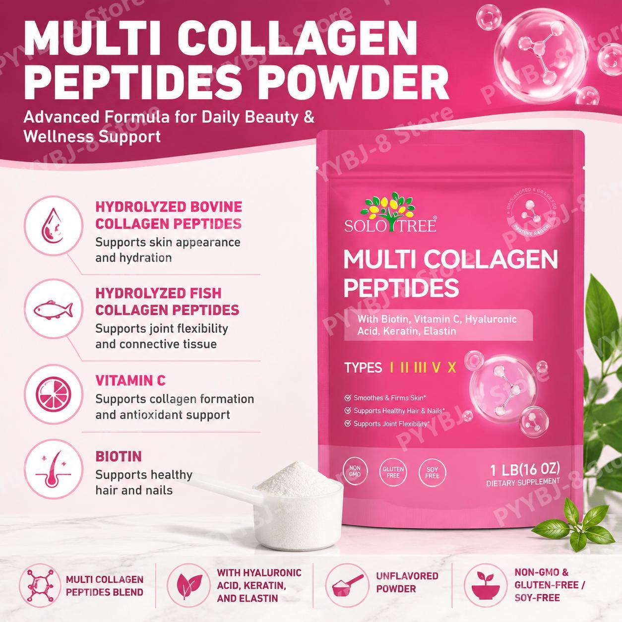 Collagen Peptide Powder - ソロツリー マルチコラーゲンペプチドパウダー（ビオチン、ビタミンC、ヒアルロン酸、ケラチン、エラスチン配合）、無香料、41回分