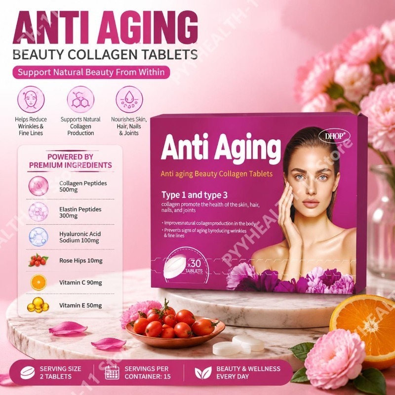Collagen Peptide Powder - DHOPアンチエイジング加水分解コラーゲン錠剤は、コラーゲンペプチド、ビタミンC、タイプI、タイプIII配合で、しわや小じわを軽減します（30錠）